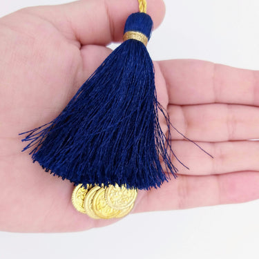 Navy Blue Tassels Latkan With Metal Coins, Indian Latkans, Blue Handmade Sewing Latkans